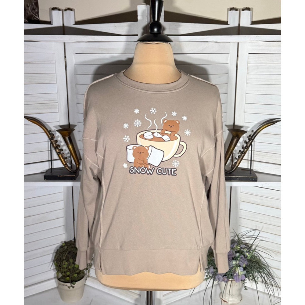 Vintage Y2K beige granny sweatshirt bears in cup country cottagecore cotton XL
